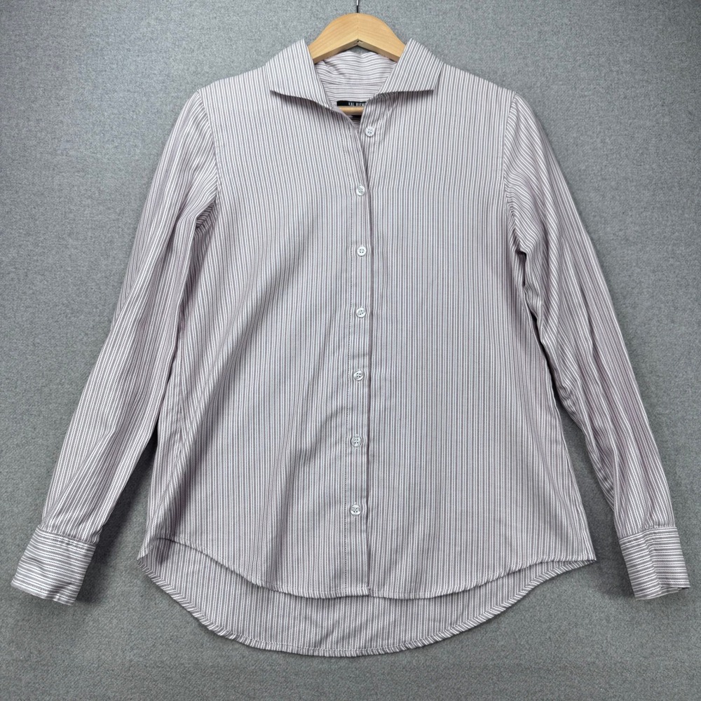 KAL RIEMAN Pinpoint Oxford Box Pleat Shirt Womens 2 Burgundy Striped Button FLAW